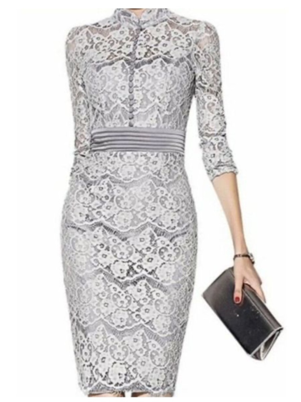 NWT- METISU- PLUS SIZE GRAY HOLLOW Lace Midi Dress with High Neck